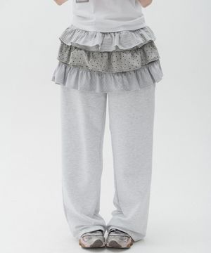 믹스패턴 캉캉 스커트 레이어드 스웻팬츠_화이트멜란지