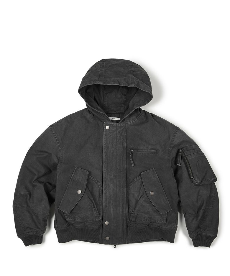 WASHED HOOD FLAP BOMBER (CHARCOAL)