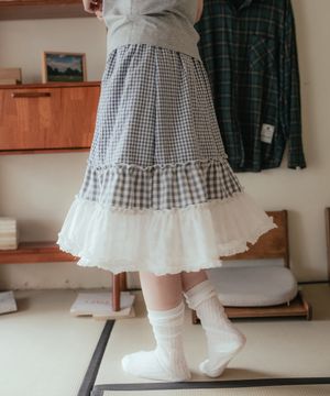 믹스 체크 티어드 미디스커트