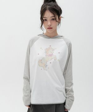유니콘 그래픽 스트라이프 후드 롱슬리브_화이트