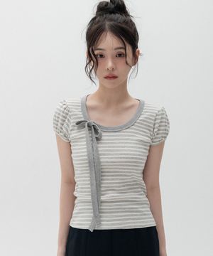 스트라이프 리본 퍼프소매 숏슬리브_메란지그레이