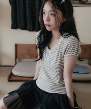 레이스 스트라이프 숏슬리브_메란지그레이