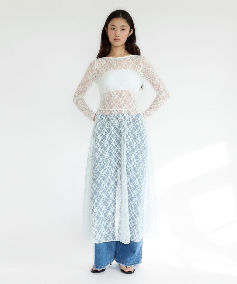 Lace Maxi Flare Dress(Cream White)