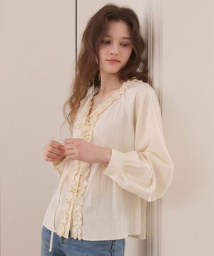 Frill line v neck ribbon blouse - cream
