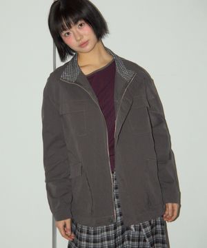 체크 하이넥 스탠다드 오버핏 멀티 포켓 코튼 블루종 집업 자켓_2COLOR