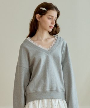 DEW LACE V-NECK SWEATSHIRT_MELANGE GREY