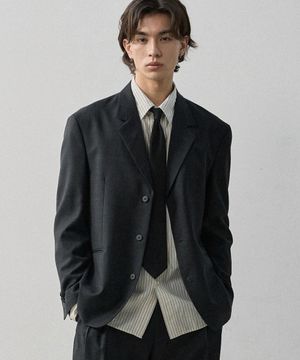 울 블렌디드 쓰리 버튼 블레이져 - 딥 차콜