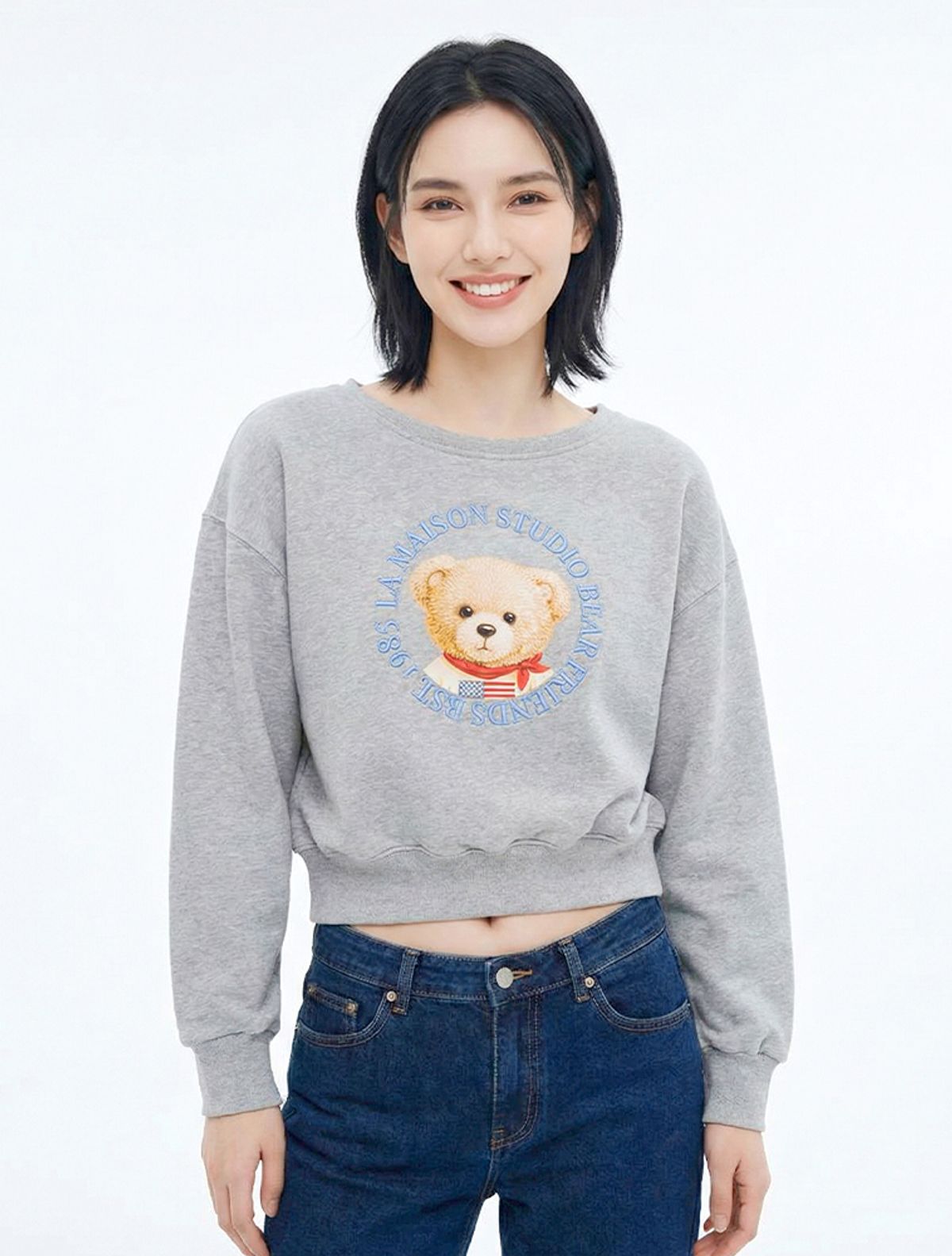 라 메종 스튜디오(LA MAISON STUDIO) BEAR FRIENDS OFF-SHOULDER SWEATSHIRTS MELANGRAY(FCG1TS732W)