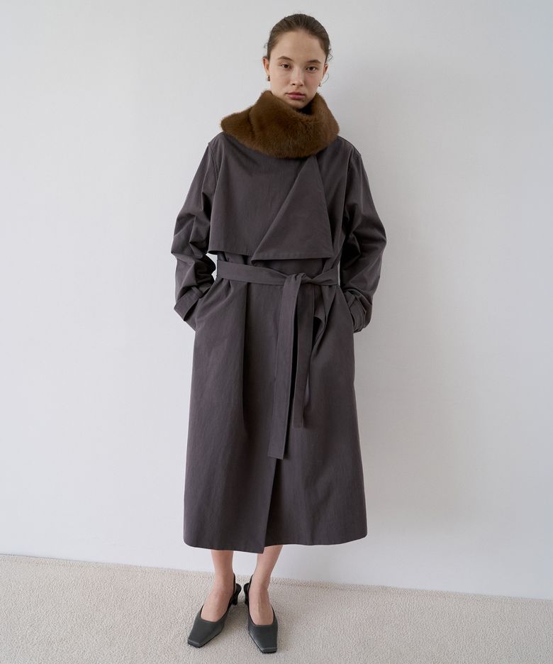Rowan High Neck Ruffle Long Trench Coat(Charcoal Gray)