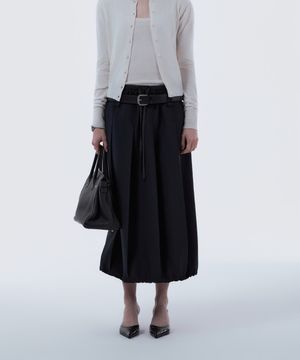 Gingham Waistband Layered Balloon Pleated Skirt - Navy