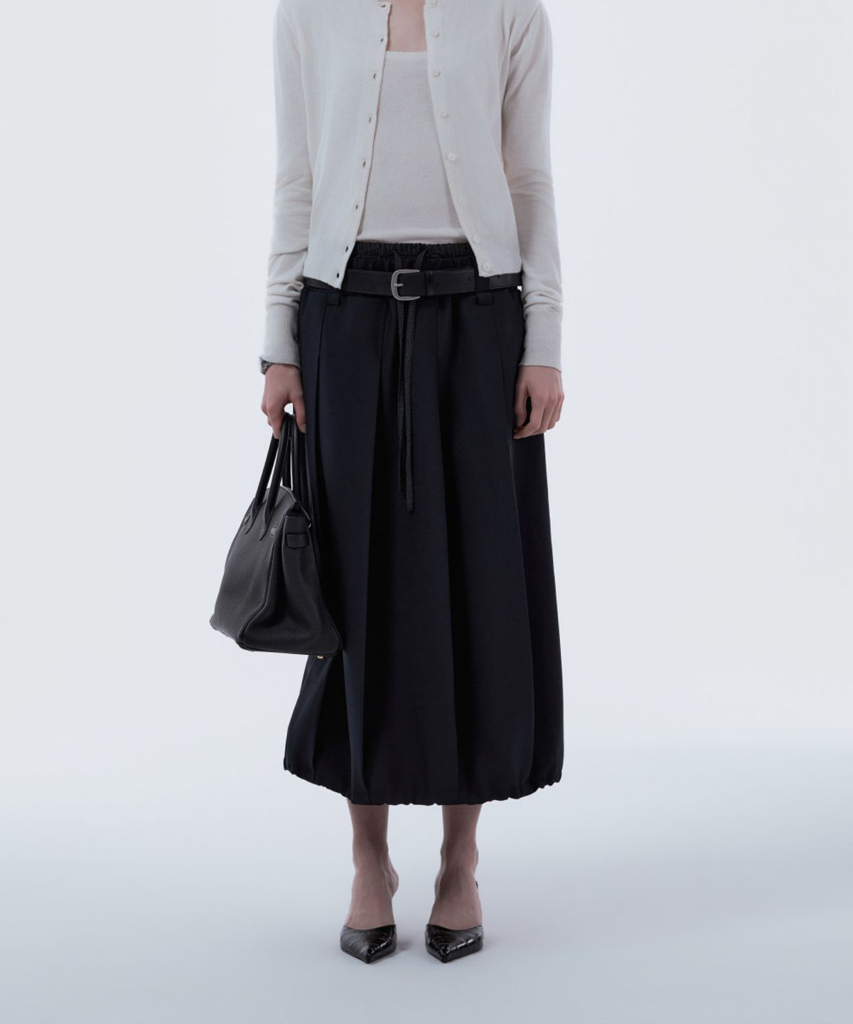 마우솔레움(MAU SOLEUM) Gingham Waistband Layered Balloon Pleated Skirt - Navy