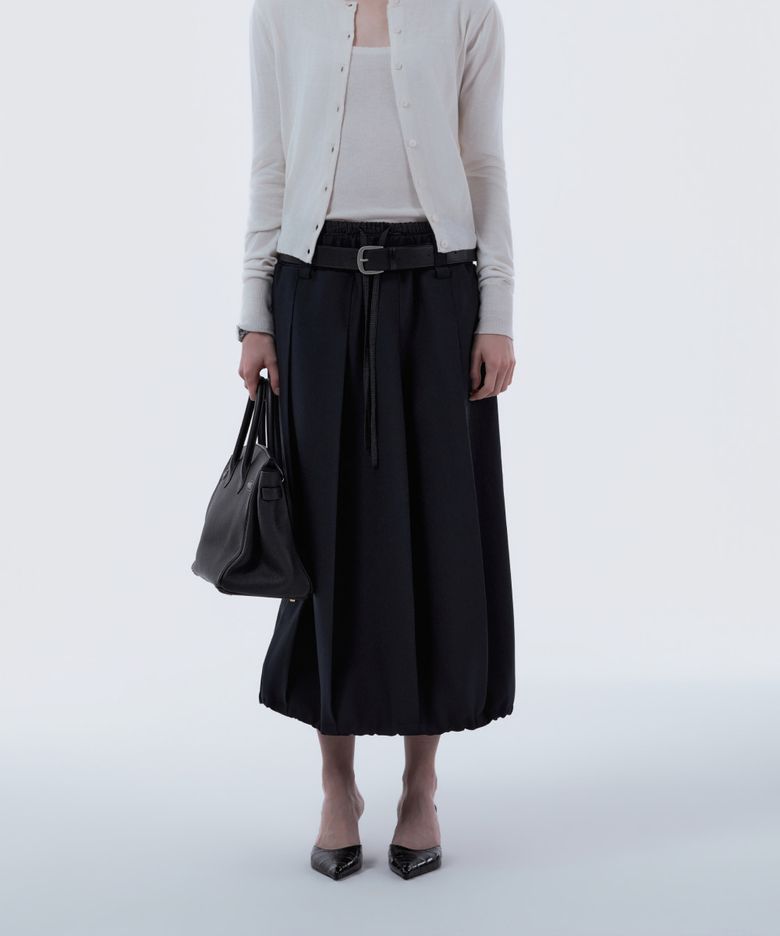 Gingham Waistband Layered Balloon Pleated Skirt - Navy