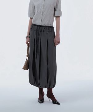 Gingham Waistband Layered Balloon Pleated Skirt - Grey