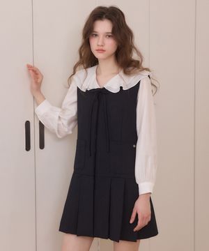 Hidden button ribbon pleats midi dress - navy