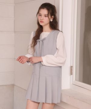 Hidden button ribbon pleats midi dress - ash blue