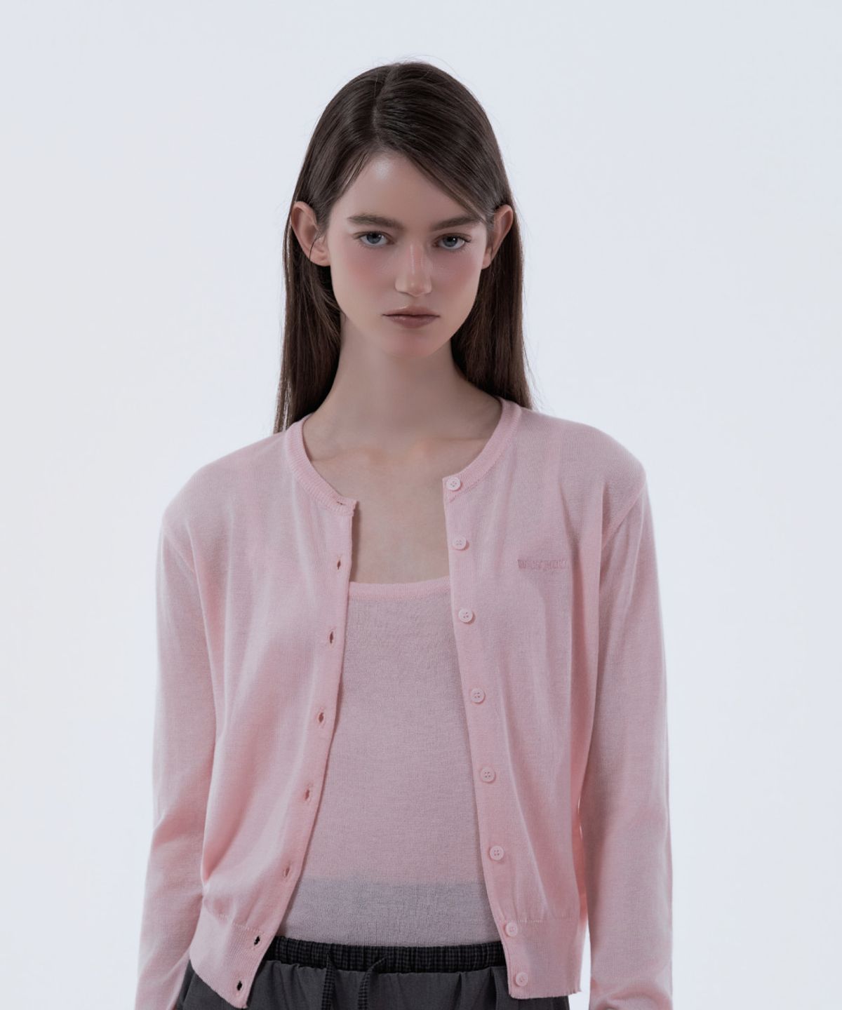 마우솔레움(MAU SOLEUM) Cardigan & Lace Trim Sleeveless Knit Top Set - Pink