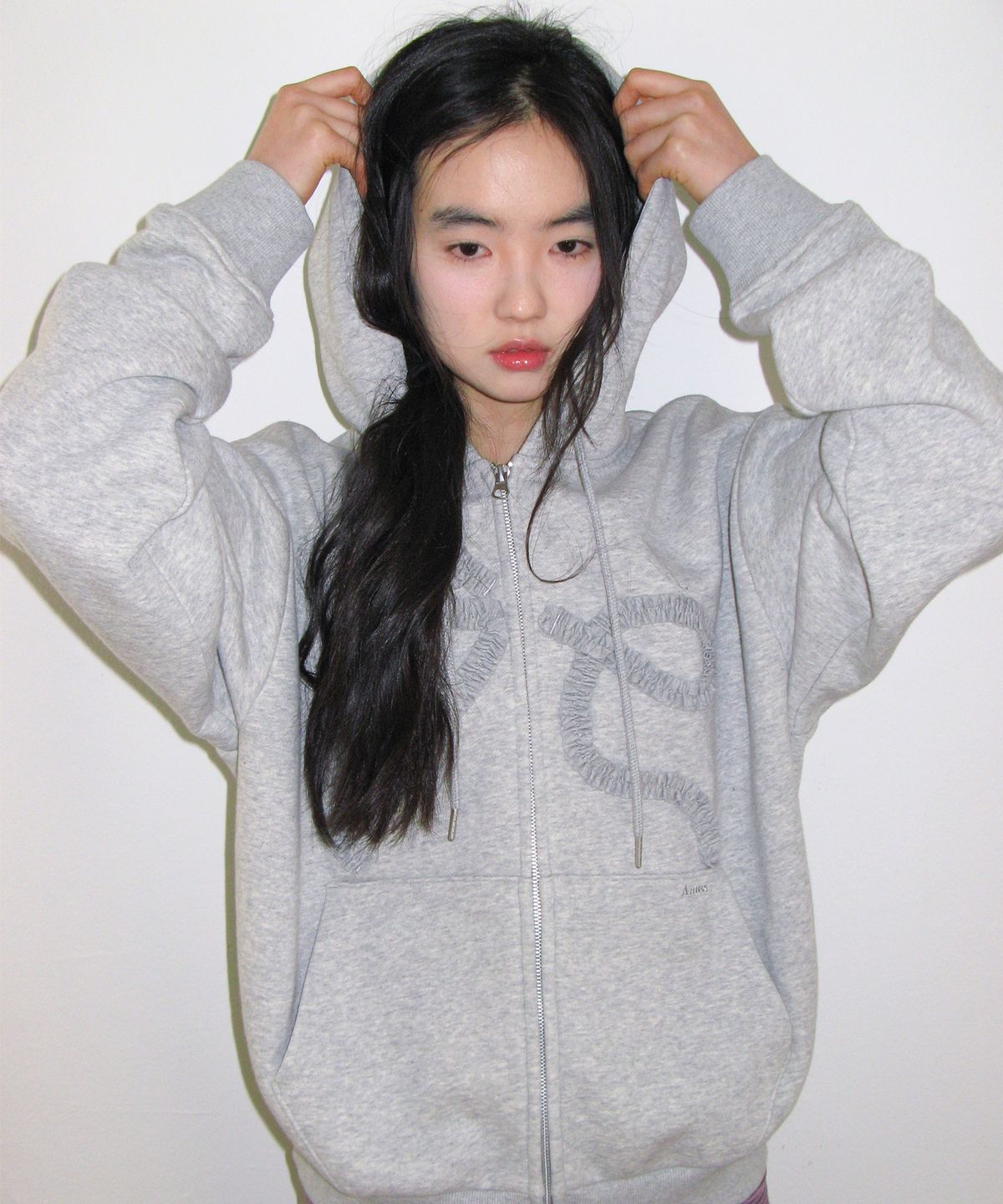 아메스 월드와이드(AMES-WORLDWIDE) RIBBON APPLIQUE FRILL HOODIE ZIP-UP GREY