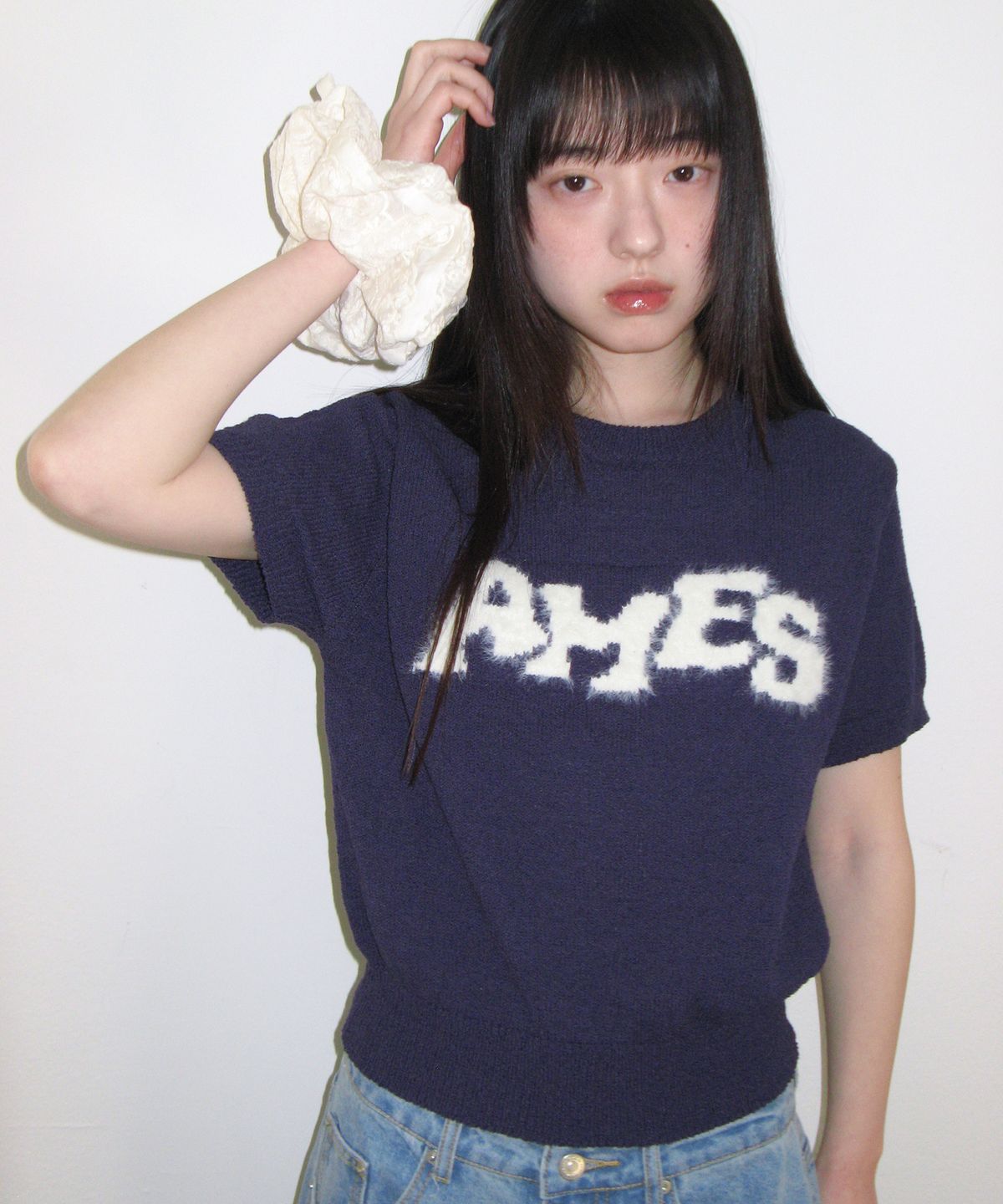 아메스 월드와이드(AMES-WORLDWIDE) HAIRY LOGO SHORT SLEEVE KNIT NAVY