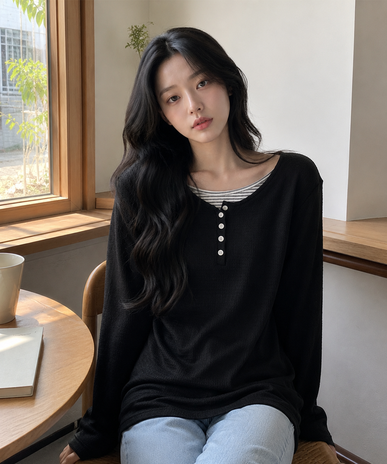 소프트 레이어드 헨리넥 티셔츠 블랙