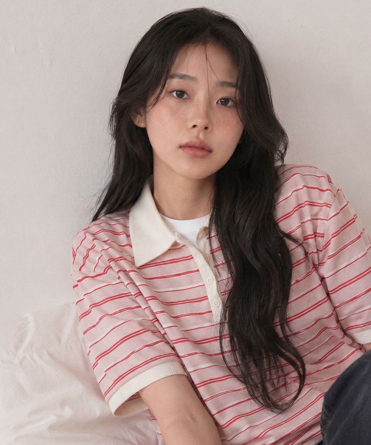 사유(SAYUU) 스트라이프 비스킷 칼라 반팔 티 더스티 핑크