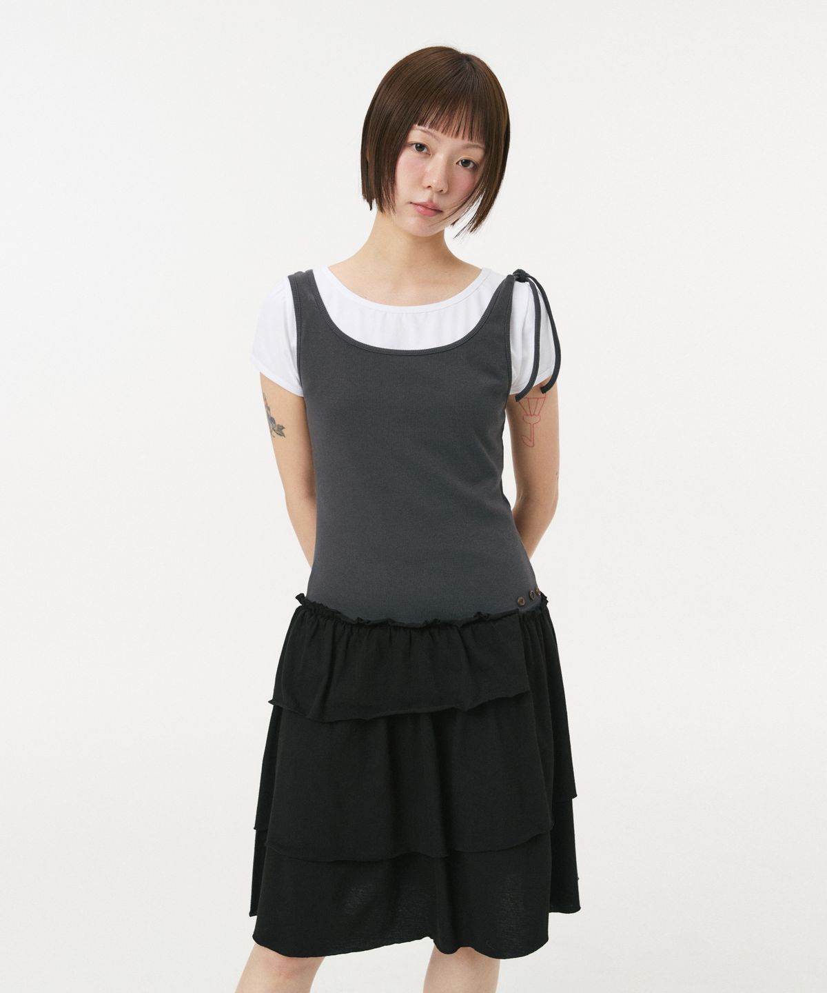 오헤시오(OHESHIO) SHIRRING LAYERED DRESS, CHARCOAL