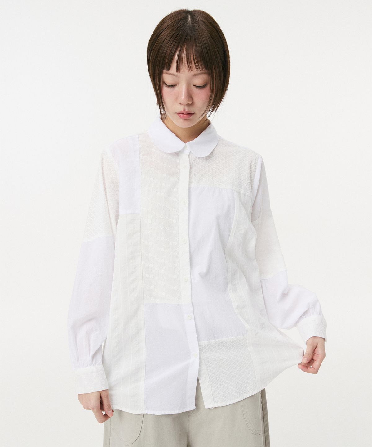 오헤시오(OHESHIO) LACE PATCHWORK PUNCHED SHIRT, WHITE