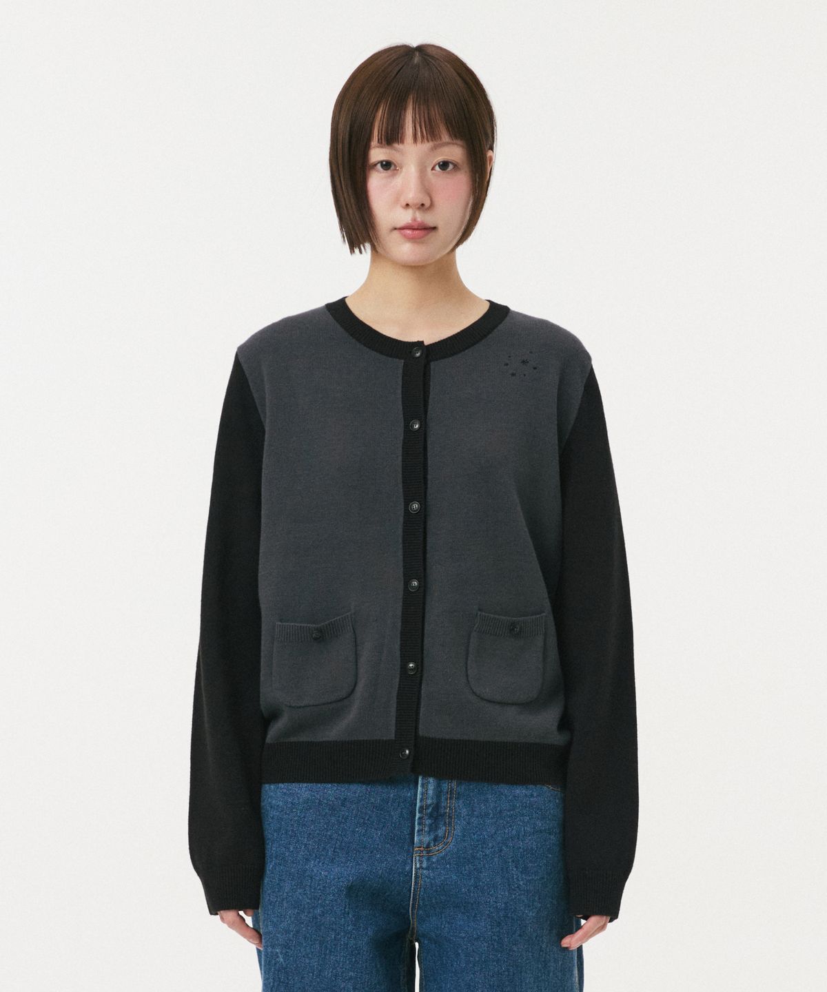 오헤시오(OHESHIO) STAR TWO TONE BUTTON CARDIGAN, BLACK