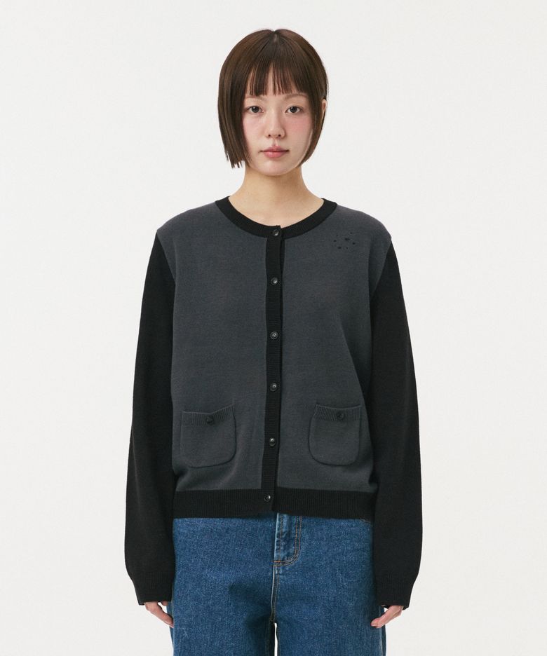 STAR TWO TONE BUTTON CARDIGAN, BLACK