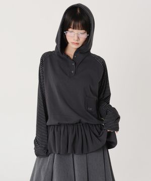 스트라이프 벌룬 스커트 레이어드 후디 (차콜)