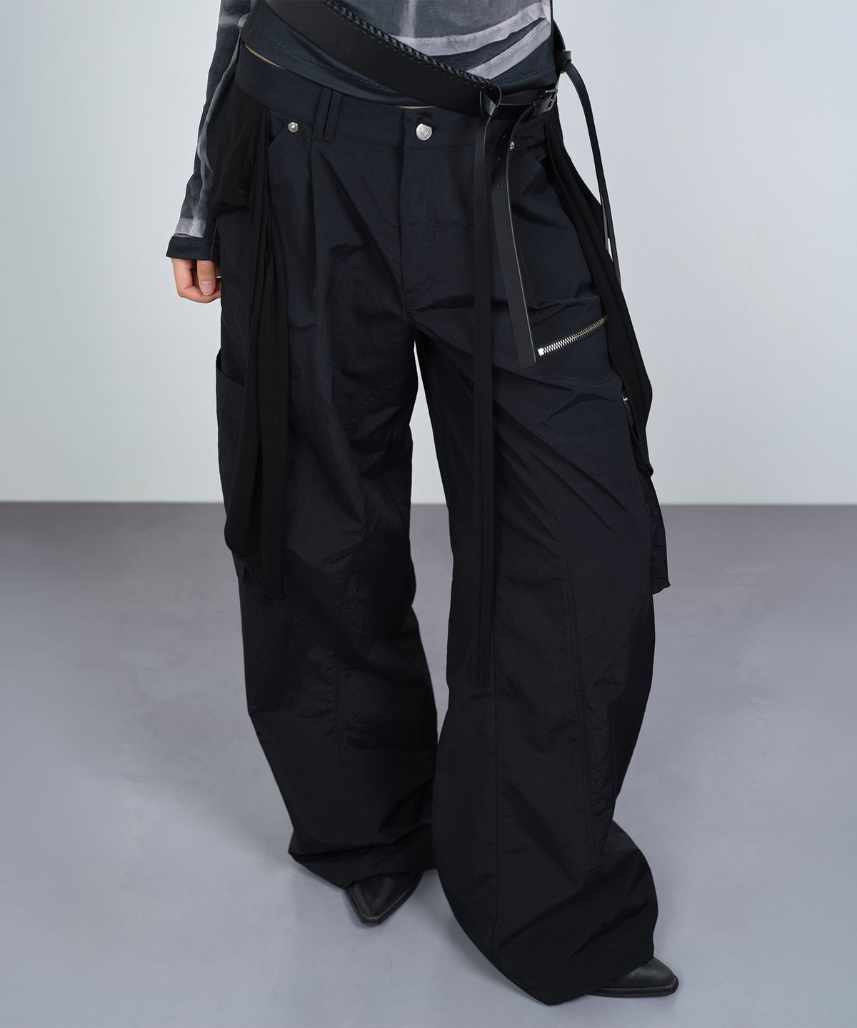 나체(NACHE) MIXED LAYERED TIE JOGGER PANTS (UNISEX) BLACK