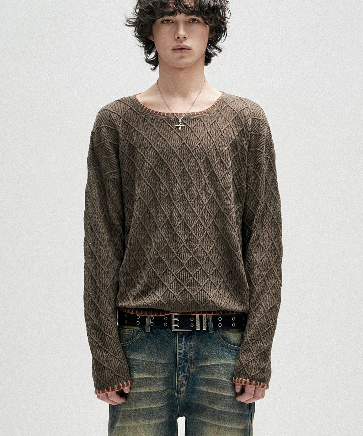 낫포너드(NOT4NERD) Distressed Contrast Hand Stitch Knit - Khaki