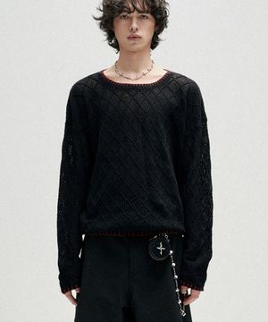 Distressed Contrast Hand Stitch Knit - Black