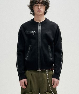 Distressed Side Trim Knit Zip Up - Black