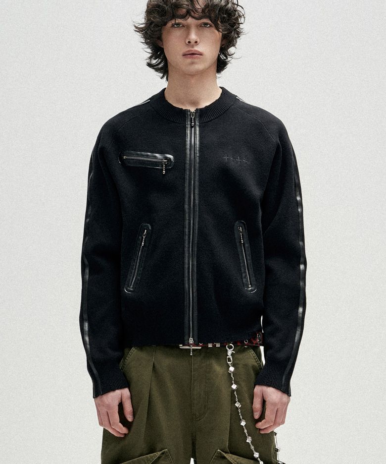 Distressed Side Trim Knit Zip Up - Black