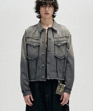 Dyed Stripe Raw Cut Stripe Denim Jacket - Black