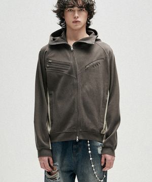 Diagonal Rib Panel Hood Zip Up - Charcoal