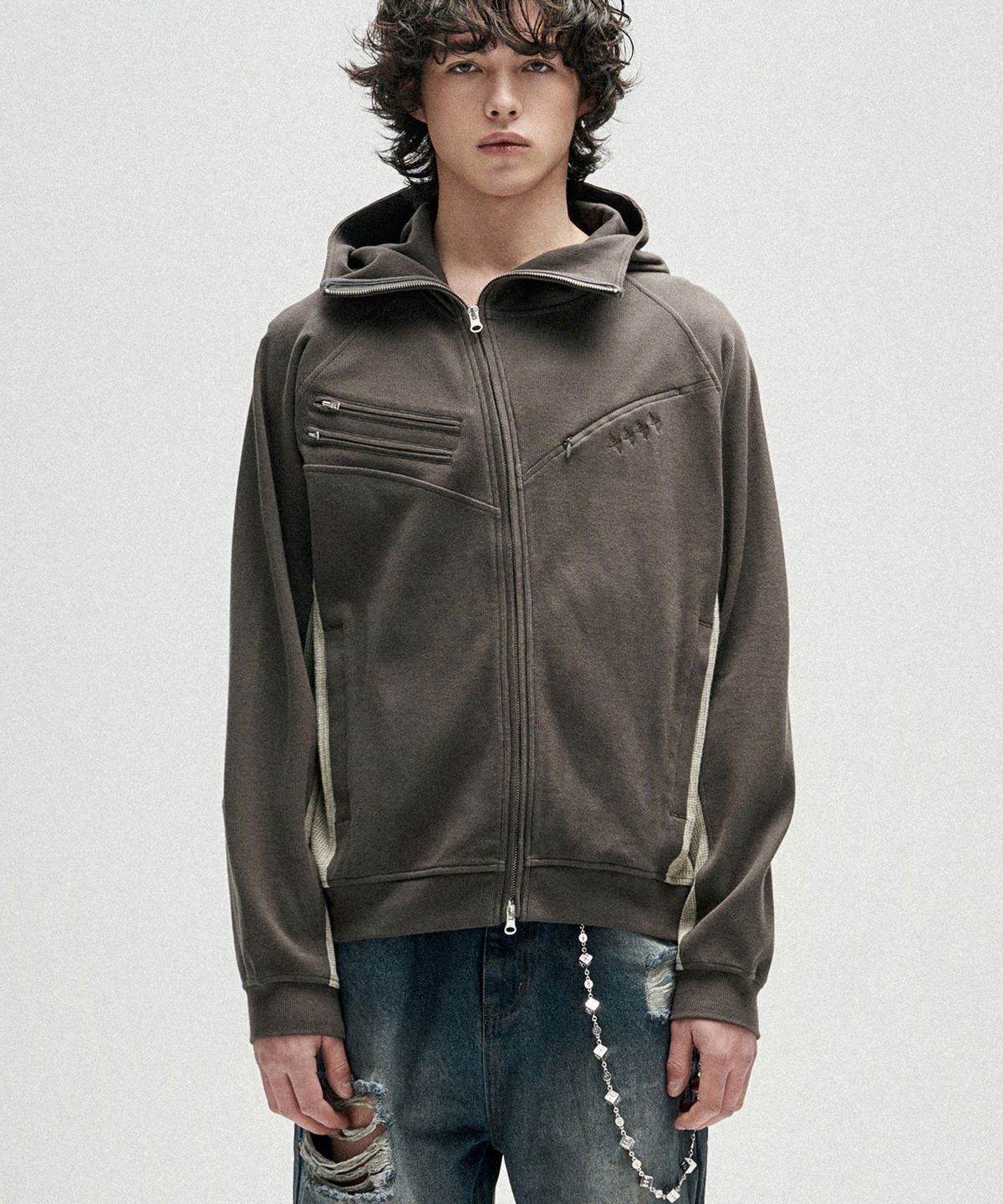 낫포너드(NOT4NERD) Diagonal Rib Panel Hood Zip Up - Charcoal