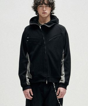 Diagonal Rib Panel Hood Zip Up - Black