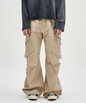 Distressed Incision Cargo Denim Pants - Beige