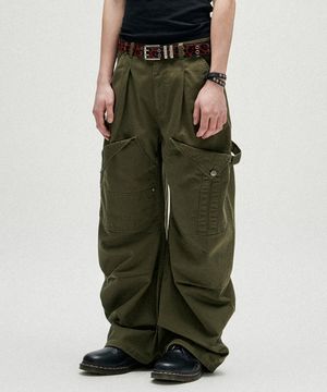 Flap Pocket Curved Cotton Pants - Khaki