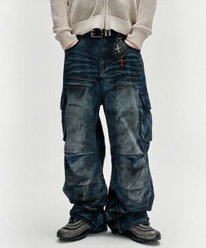 Dirty Washed Parachute Cargo Denim Pants - Deep Blue