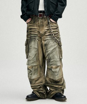 Dirty Washed Parachute Cargo Denim Pants - Beige