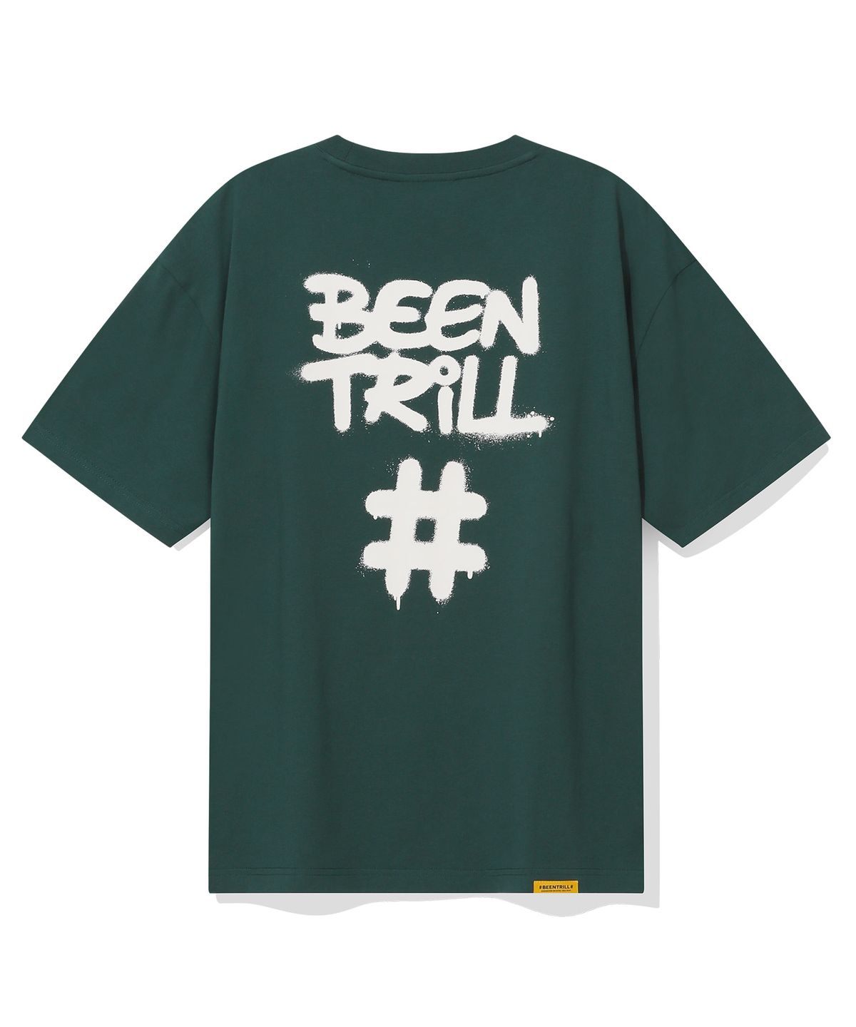 빈트릴(BEENTRILL) 스프레이 해시태그 오버핏 반팔티(다크 그린)