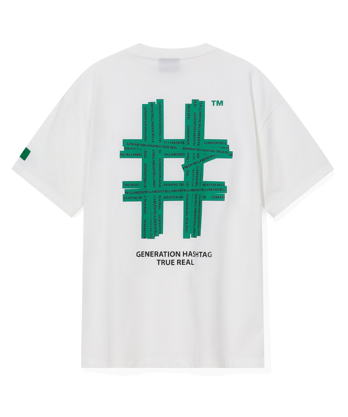빈트릴(BEENTRILL) 그린 테이핑 해시태그 오버핏 반팔티(오프 화이트)