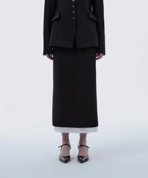 Contrast Layered Slim Line Long Skirt - Black