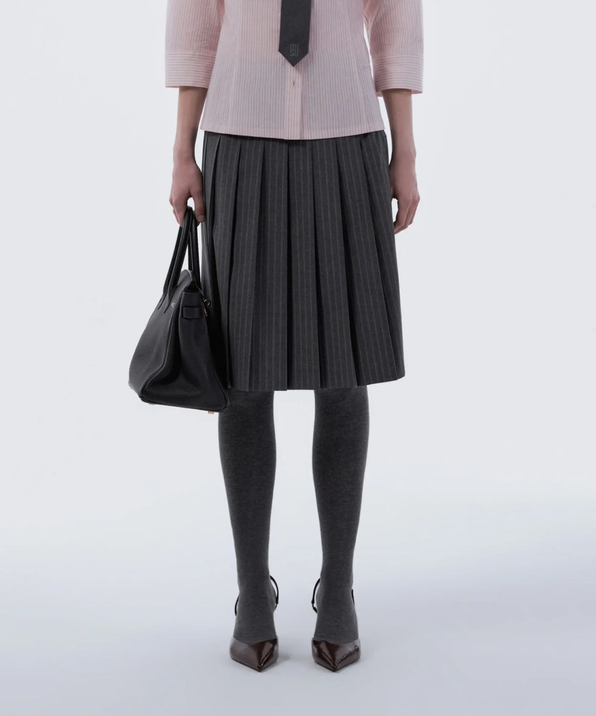 마우솔레움(MAU SOLEUM) Jenn Pleated Midi Skirt - Grey Stripe