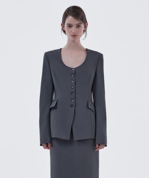 Emma Round Neck Jacket - Blue Grey