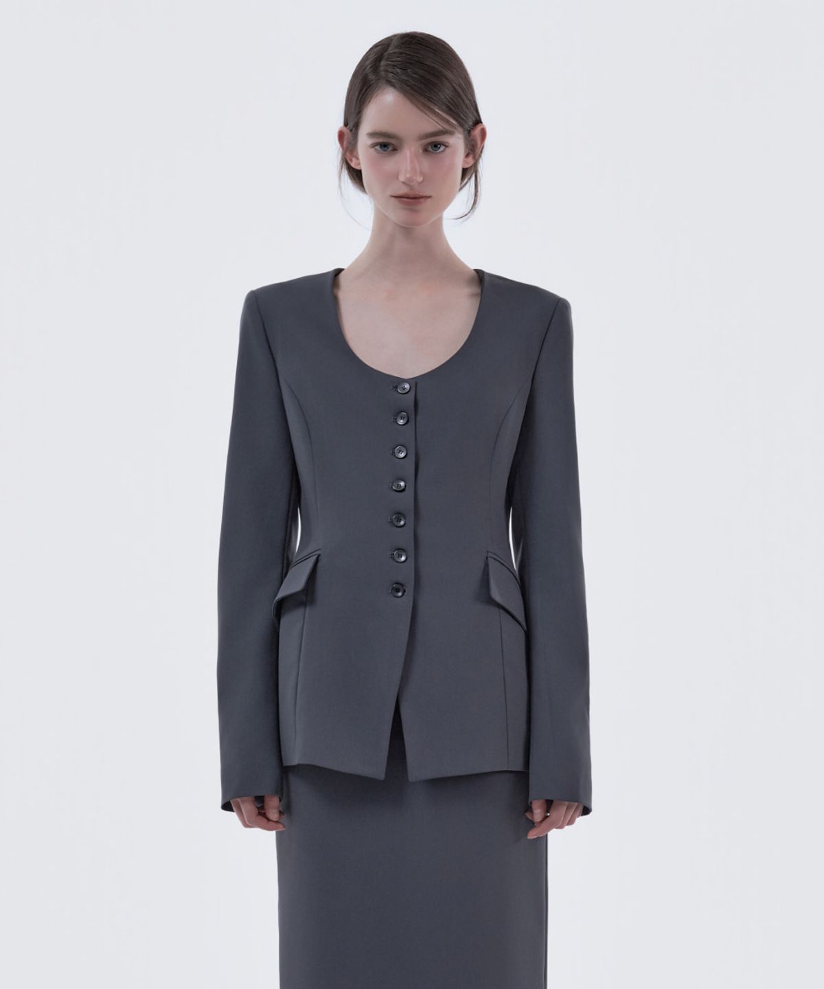 마우솔레움(MAU SOLEUM) Emma Round Neck Jacket - Blue Grey