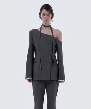 Emma String Off Shoulder Contrast Sleeve Layered Jacket - Grey