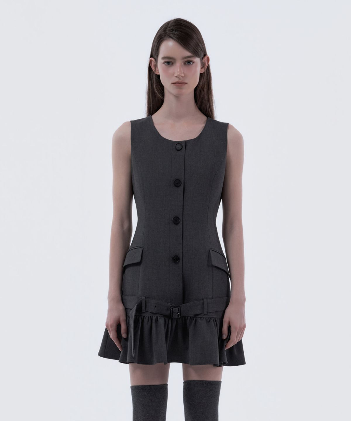 마우솔레움(MAU SOLEUM) Sleeveless Flare Suit Dress - Dark Grey